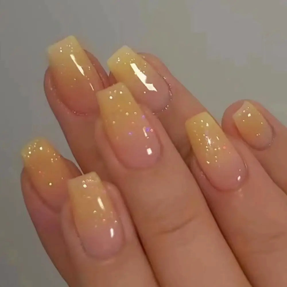 24pcs Gradient Fake Nails French Ballerina Nail Medium Coffin Press on Nails Tips AA6 AA5