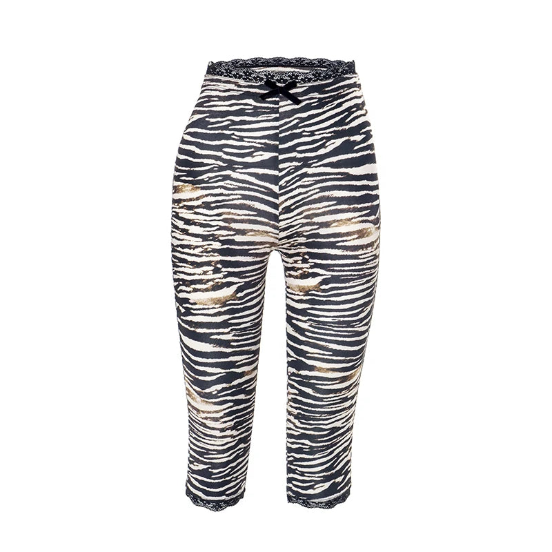 Lace Edge Bow Decoration Leopard Print Slim Seven Pants Summer