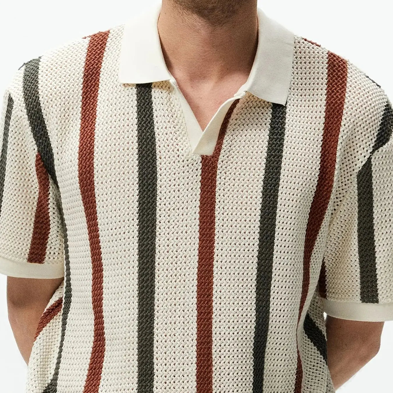 Chunky Knit Short-Sleeve Polo Shirt With Stripes And Contrast Colors, Casual Wear