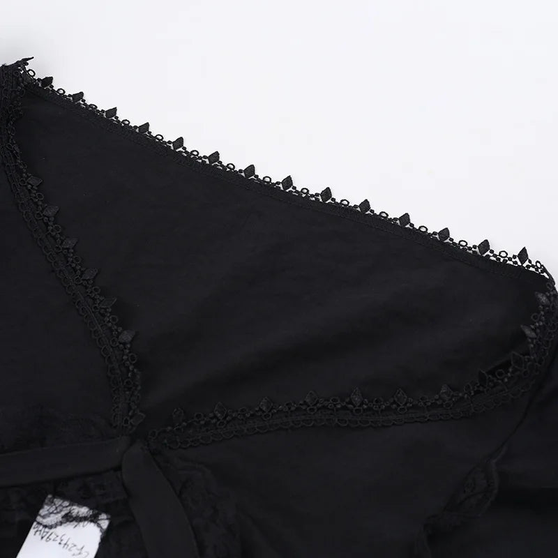 Vintage Gothic Smock Women Elegant Cute Lace Patchwork Puff Sleeve Crop Tops Aesthetic Fairy
