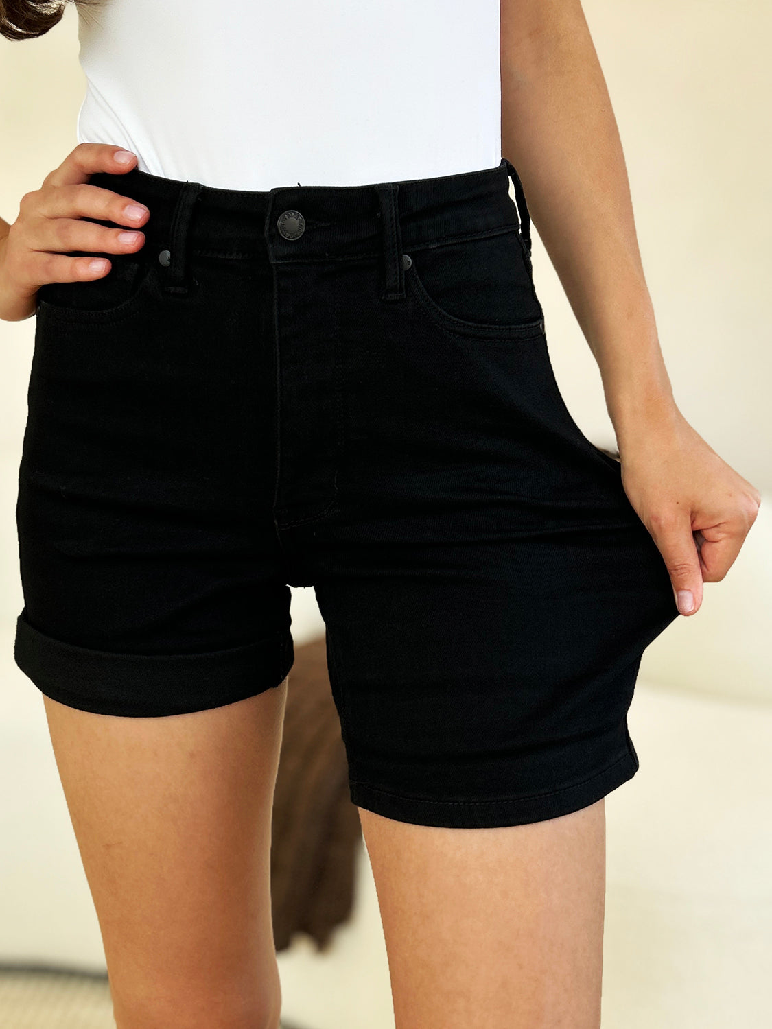 Judy Blue Full Size High Waist Tummy Control Cuffed Denim Shorts Black / S Black / M