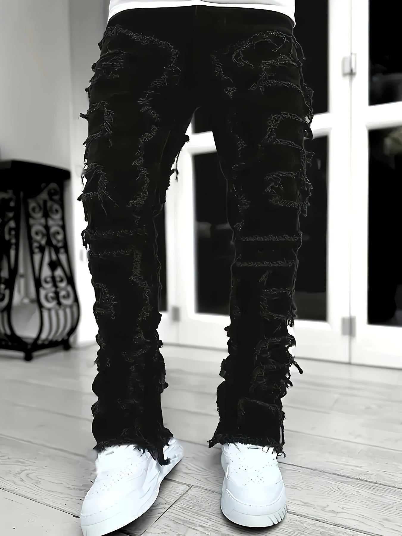 Men's Slim-Fit Stretch Denim Jeans with Raw Trim & Tassel Details - Distressed Street Style Hip-Hop Pink / S Pink / M Pink / L Pink / S-Pink / M-Pink / L-Pink / XL-Pink / XXL-