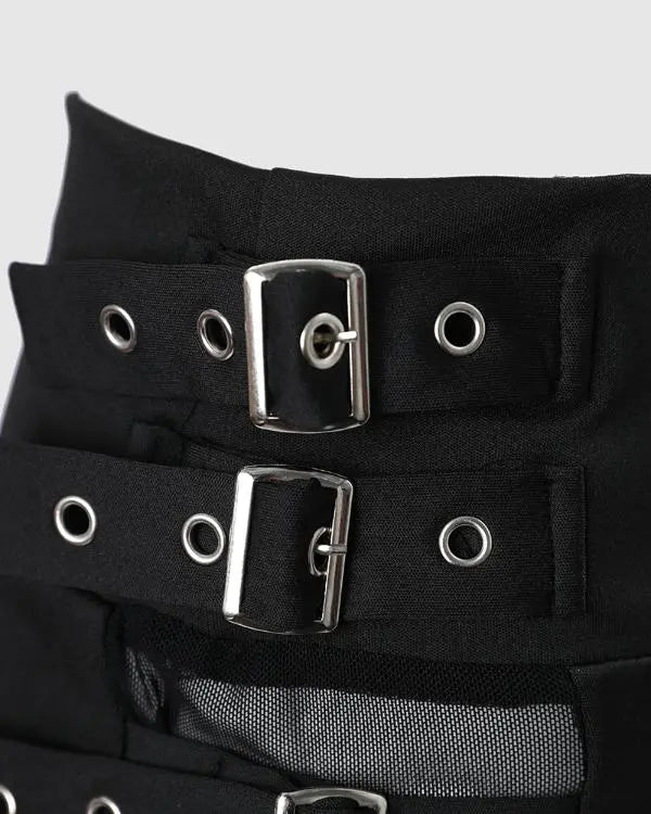 Chic Mesh Patch Buckled High-Waist Pants - Elevate Your Style! black / L(8-10) black / M(6)