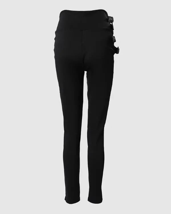 Chic Mesh Patch Buckled High-Waist Pants - Elevate Your Style! black / L(8-10) black / M(6)