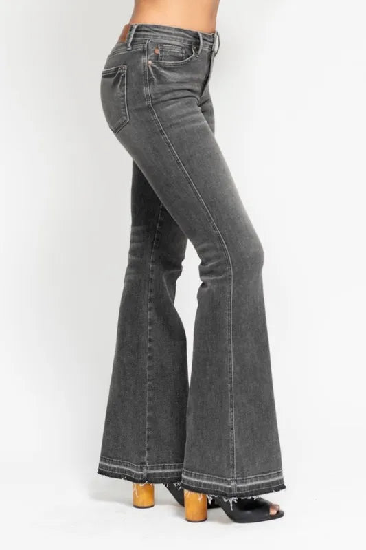 Judy Blue Full Size Midi Rise Tummy Control Washed Gray Release Hem Flare Jeans Plus Size GRY / 11(30) GRY / 5(27) GRY / 0(24) GRY / 11(30)-GRY / 5(27)-GRY / 0(24)-GRY / 1(25)-GRY / 3(26)-GRY / 7(28)-GRY / 9(29)-GRY / 13(31)-GRY / 15(32)-GRY / 14W-GRY / 16W-GRY / 18W-GRY / 20W-GRY / 22W-GRY / 24W-