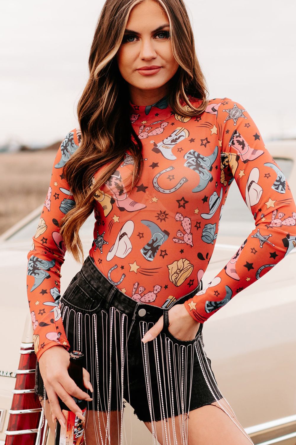 Printed Mock Neck Long Sleeve Bodysuit Dusty Pink / S Dusty Pink / M Dusty Pink / L Dusty Pink / S-Dusty Pink / M-Dusty Pink / L-Dusty Pink / XL-White / S-White / M-White / XL-Orange / S-Orange / M-Orange / L-Orange / XL-Mustard / S-Mustard / M-Mustard / L-Mustard / XL-White / L-