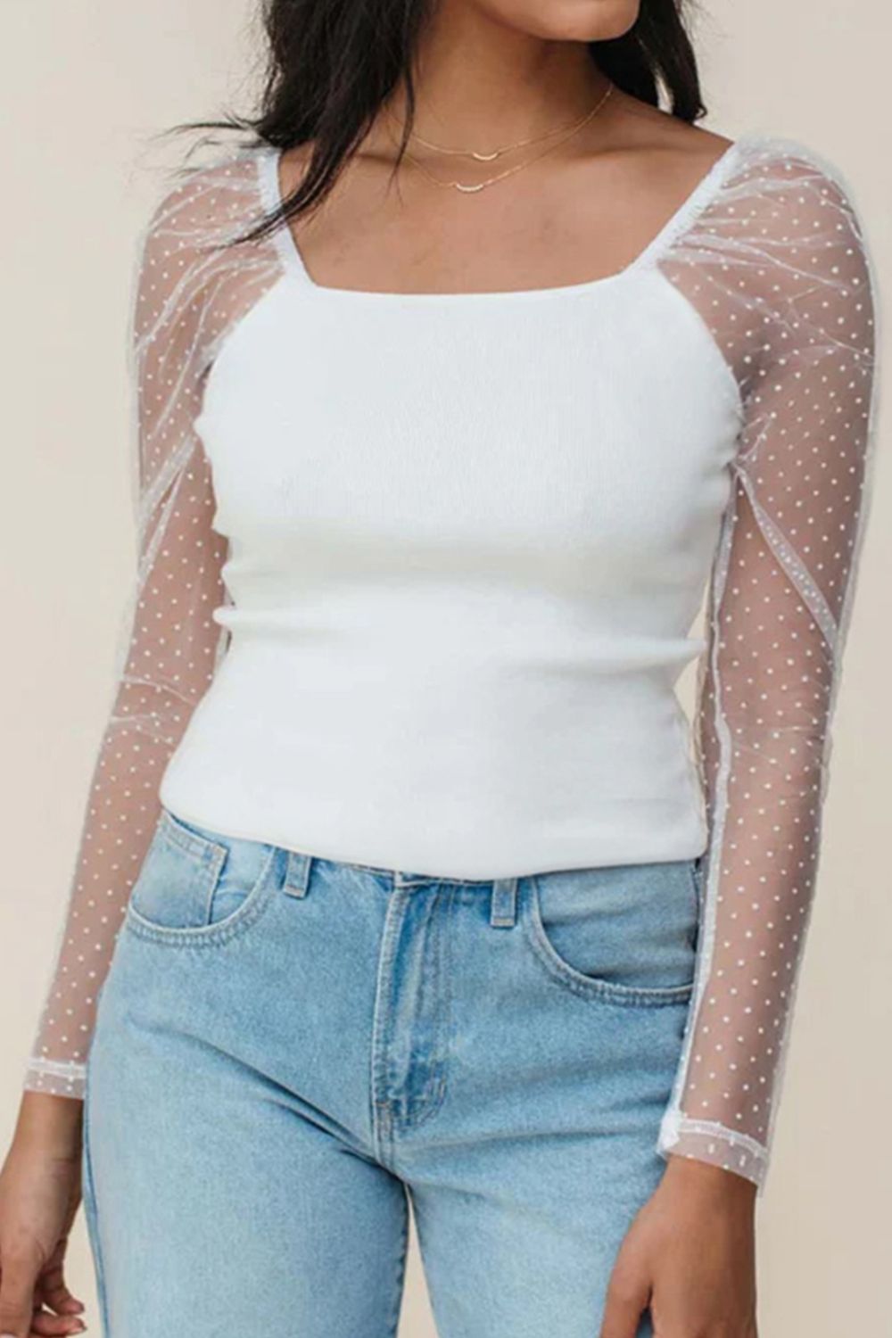 Swiss Dot Mesh Long Sleeve Square Neck Slim Top White / L White / M White / XL White / L-White / M-White / XL-White / S-