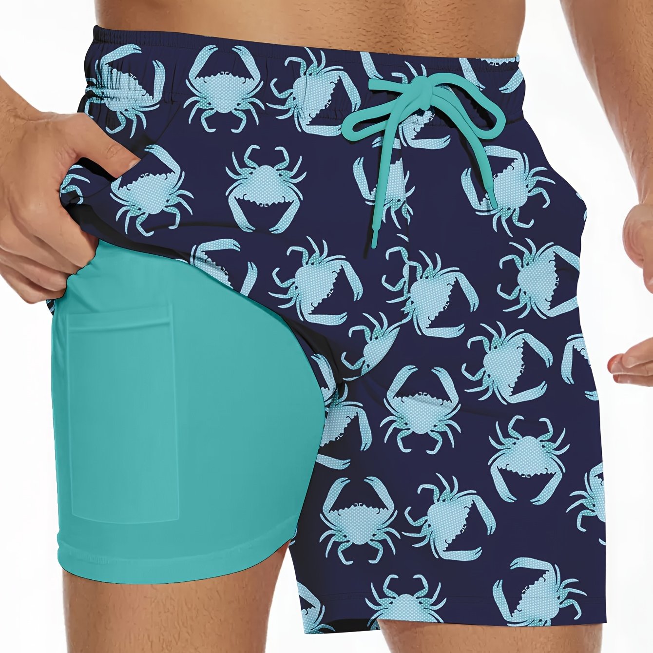 Men's 2-in-1 Digital Print Beach Shorts - Quick-Dry, Casual Navy Blue Crab Pattern with Teal Interior Lining, Drawstring