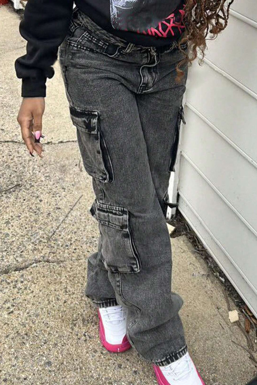 Washed Jeans with Cargo Pockets Dark Gray