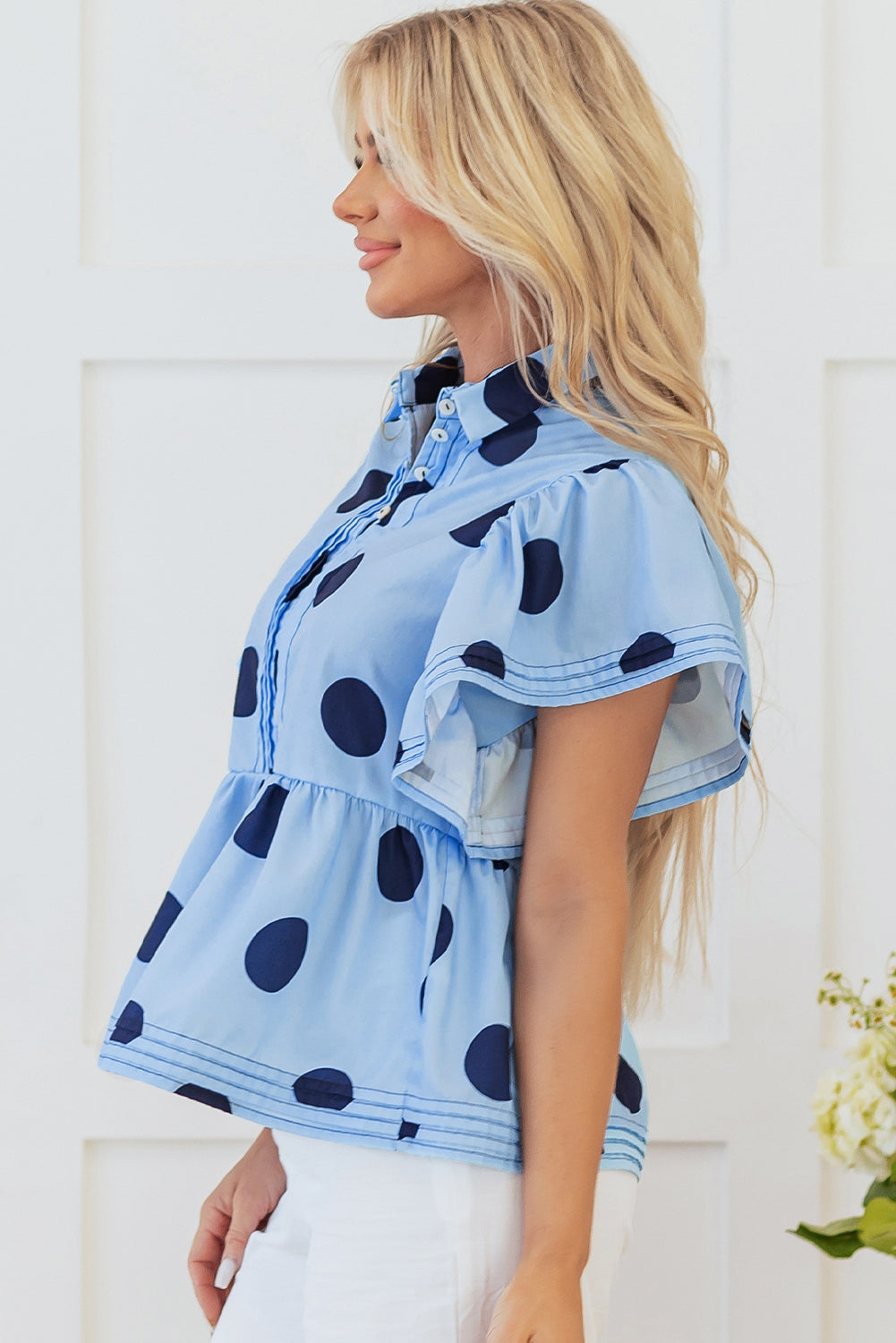 Chic Polka Dot Ruffled Button-Up Blouse with Short Sleeves