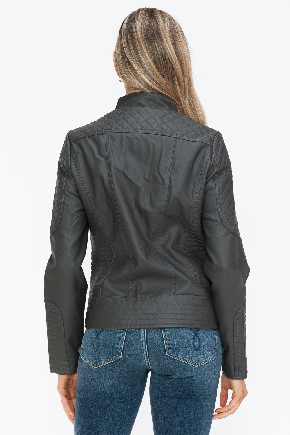 Snobbish Faux Leather Zip Up Mock Neck Jacket Charcoal / S Charcoal / M