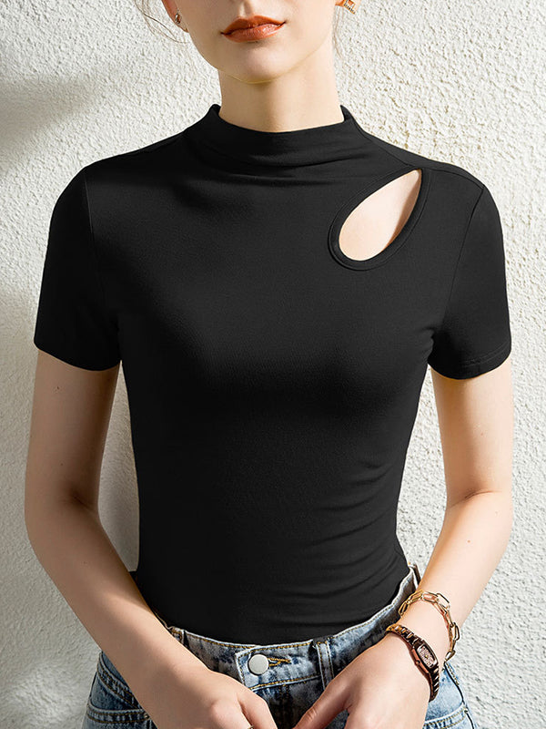 Chic Plus-Size Skinny Hollow Half Turtleneck T-Shirt – Elevate Your Wardrobe!