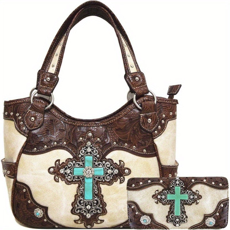 1pc Western Style Faux Leather Handbag with Rhinestone Cross and Conchos, Studded Shoulder Bag with Trifold Wallet Set Beige #2 Black Set Coffee Set Beige #2-Black Set-Coffee Set-Turquoise Set-