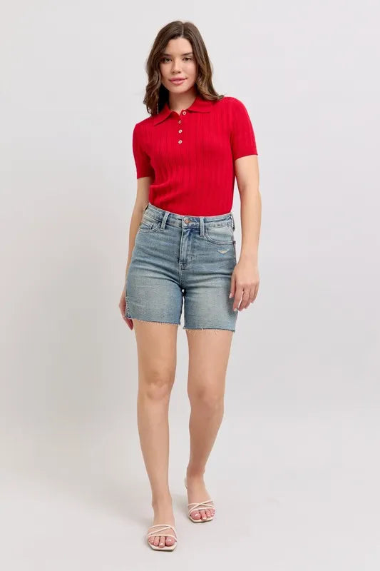 Judy Blue High Waist Vintage Wash Side Slit Denim Shorts MD / L MD / S MD / M MD / L-MD / S-MD / M-MD / 1XL-MD / 2XL-MD / 3XL-