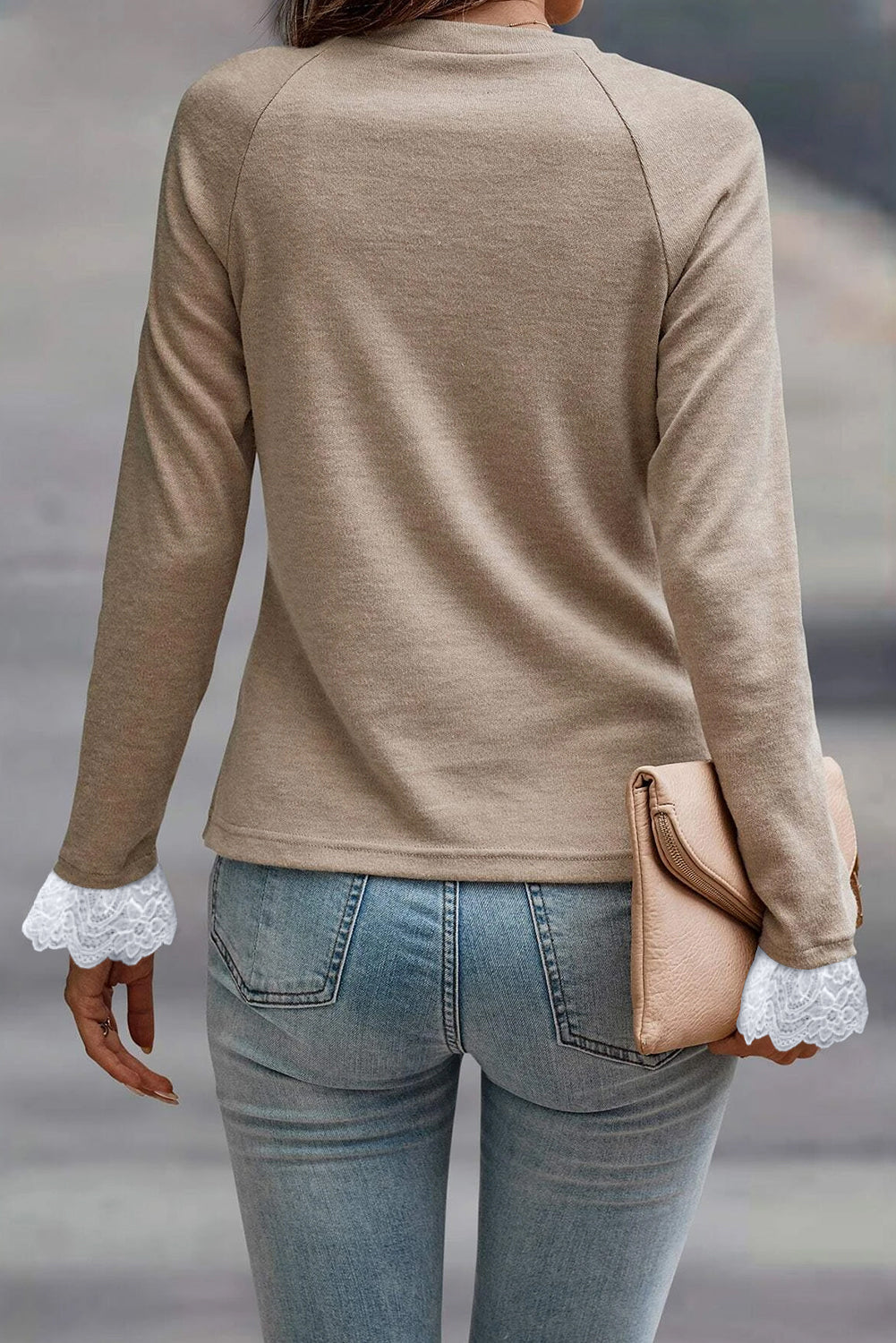Parchment Seam Detail Lace Contrast Cuffs Raglan Sleeve Top Parchment / S / 75%Polyester+20%Viscose+5%Elastane Parchment / M / 75%Polyester+20%Viscose+5%Elastane