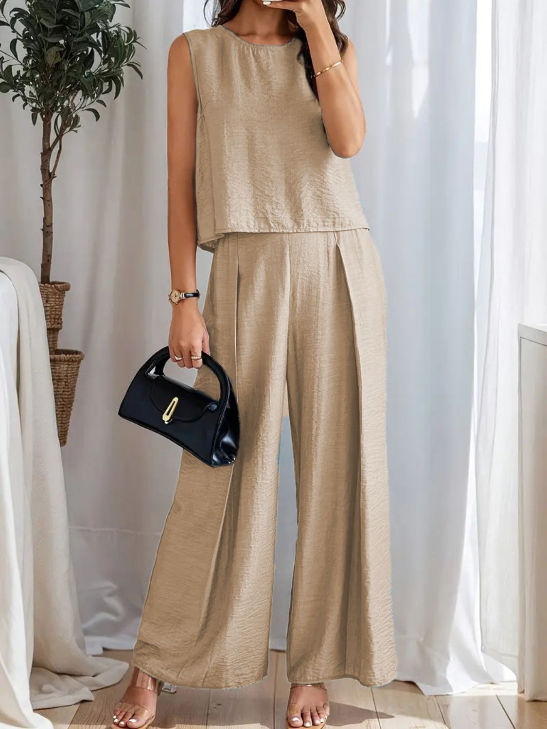 Round Neck Sleeveless Top and Wide Leg Pants Set Tan / 2XL Dusty Blue / S Dusty Blue / M Tan / 2XL-Dusty Blue / S-Dusty Blue / M-Dusty Blue / L-Dusty Blue / XL-Dusty Blue / 2XL-Black / S-Black / M-Black / L-Air Force Blue / S-Black / XL-Black / 2XL-Moonlit Mauve / S-Air Force Blue / M-Moonlit Mauve / M-Moonlit Mauve / L-Moonlit Mauve / XL-Moonlit Mauve / 2XL-Air Force Blue / L-Air Force Blue / XL-Air Force Blue / 2XL-Tan / S-Tan / M-Tan / L-Tan / XL-