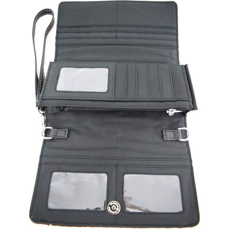 1pc Western Style Faux Leather Handbag with Rhinestone Cross and Conchos, Studded Shoulder Bag with Trifold Wallet Set - Fashionqueene.com