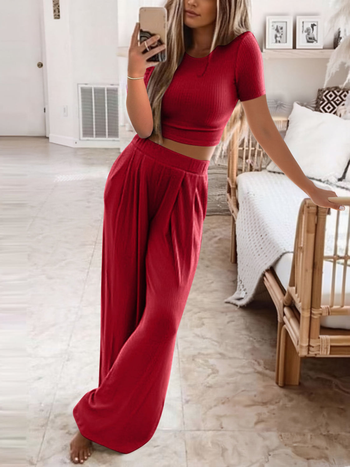 Full Size Round Neck Short Sleeve Top and Pants Set Plus Size Deep Red
