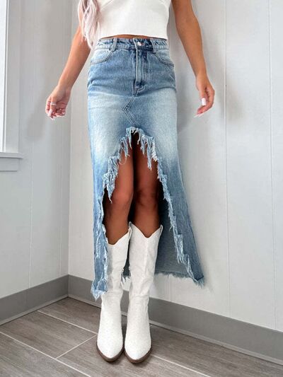 High-Waist Raw Hem Asymmetry Denim Skirt Light / S Light / M Light / L Light / S-Light / M-Light / L-Light / XL-Light / 2XL-