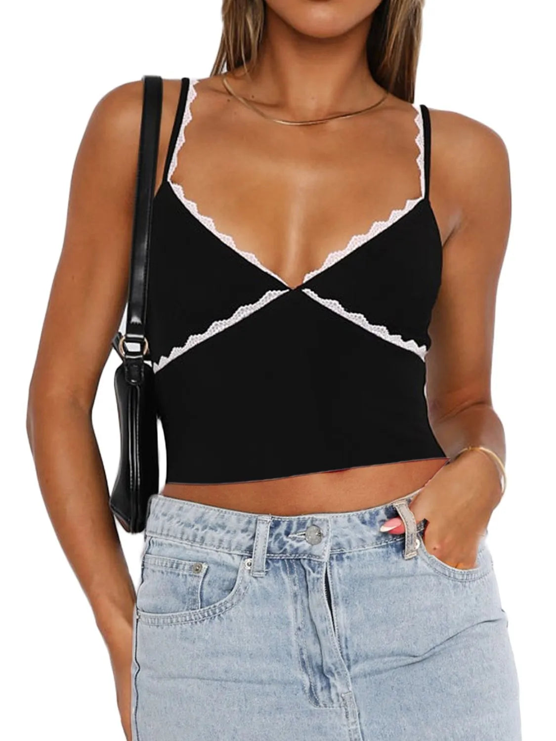 Lace Detail Contrast Trim Cami White / L Black / L White / S White / L-Black / L-White / S-White / M-Black / S-Black / M-