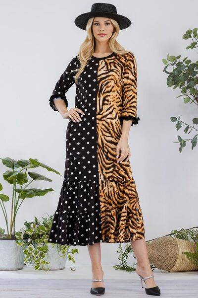 Celeste Full Size Polka Dot & Leopard Round Neck Midi Dress Plus Size Black Leopard Polka / 1XL Black Leopard Polka / 2XL Black Leopard Polka / 3XL Black Leopard Polka / 1XL-Black Leopard Polka / 2XL-Black Leopard Polka / 3XL-Black Leopard Polka / S-Black Leopard Polka / M-Black Leopard Polka / L-Black Leopard Polka / XL-