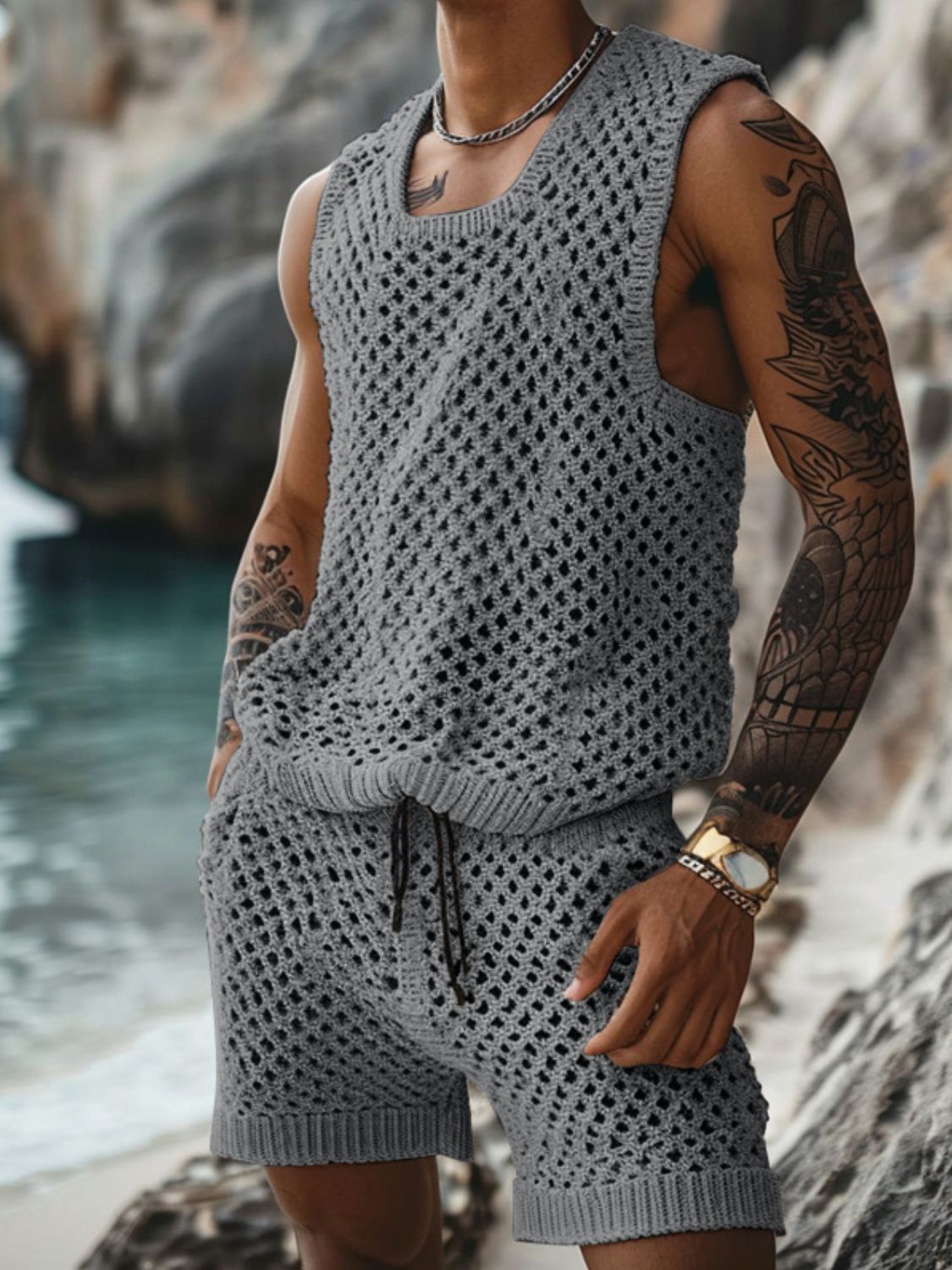 Men's Plus Size Hollow Out Round Neck Tank and Shorts Set Beige / XXL Black / M Taupe / L Beige / XXL-Black / M-Taupe / L-Gray / XXXL-Taupe / XXL-Black / L-Gray / XXL-Gray / L-Beige / M-Black / XXL-Gray / M-Beige / XL-Black / XL-Gray / XL-Beige / L-Beige / XXXL-Taupe / XXXL-Taupe / XL-Black / XXXL-Taupe / M-