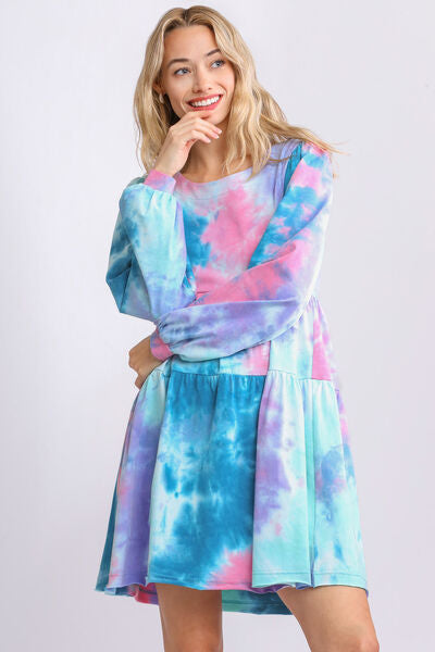 Umgee Full Size Tie Dye Round Neck Long Sleeve Babydoll Tiered Dress Plus Size TEAL/PINK / S TEAL/PINK / M TEAL/PINK / L TEAL/PINK / S-TEAL/PINK / M-TEAL/PINK / L-TEAL/PINK / XL-TEAL/PINK / 1XL-TEAL/PINK / 2XL-