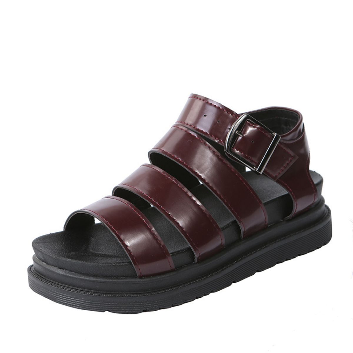 Peep Toe Buckle Platform Sandals Burgundy