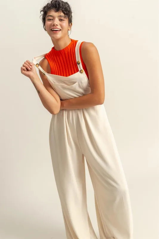 HYFVE Pleated Detail Front Pocket Wide Strap Overalls ALPACA / S ALPACA / M ALPACA / L ALPACA / S-ALPACA / M-ALPACA / L-