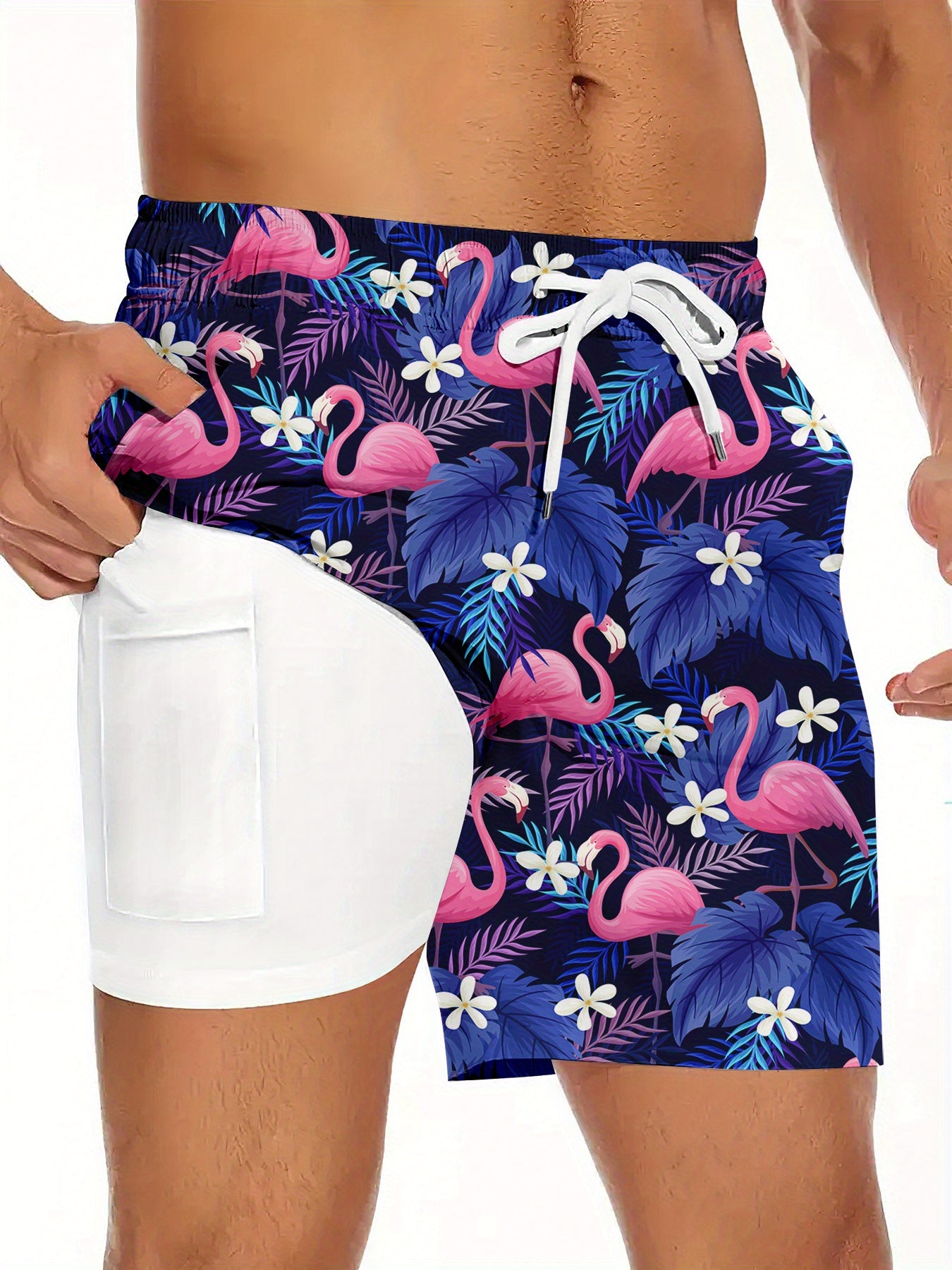 Men'S Tropical Quick-Dry Swim Trunks with Flamingo & Palm Tree Print, Dark Blue Drawstring Beach Shorts with Compression Stretch & Pockets - Casual Sporty Style for Summer, Summer Swimwear | Tropical Print Shorts | Drawstring