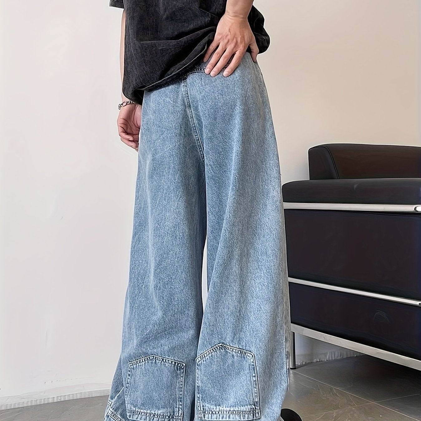 (Button Hole Not Opened) Reverse Pocket Design, High Street Jeans, Men'S And Women'S Versatile, Washed Wide Leg Retro Pants - Fashionqueene.com