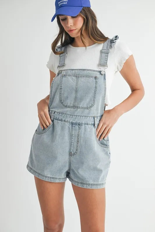 MABLE Square Neck Ruffle Shoulder Denim Overall Romper Lt Denim / S Lt Denim / M Lt Denim / L Lt Denim / S-Lt Denim / M-Lt Denim / L-