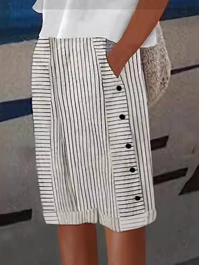 Trendy Beige Striped Knee-Length Cotton Shorts for Casual Summer Outings Beige / S Beige / M Beige / L Beige / S-Beige / M-Beige / L-Beige / XL-Beige / 2XL-Beige / 3XL-