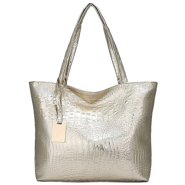 Chic Crocodile Embossed Tote Bag - Versatile PU Fashion in Gold, Black, and Silver Gold Silver Black Gold-Silver-Black-