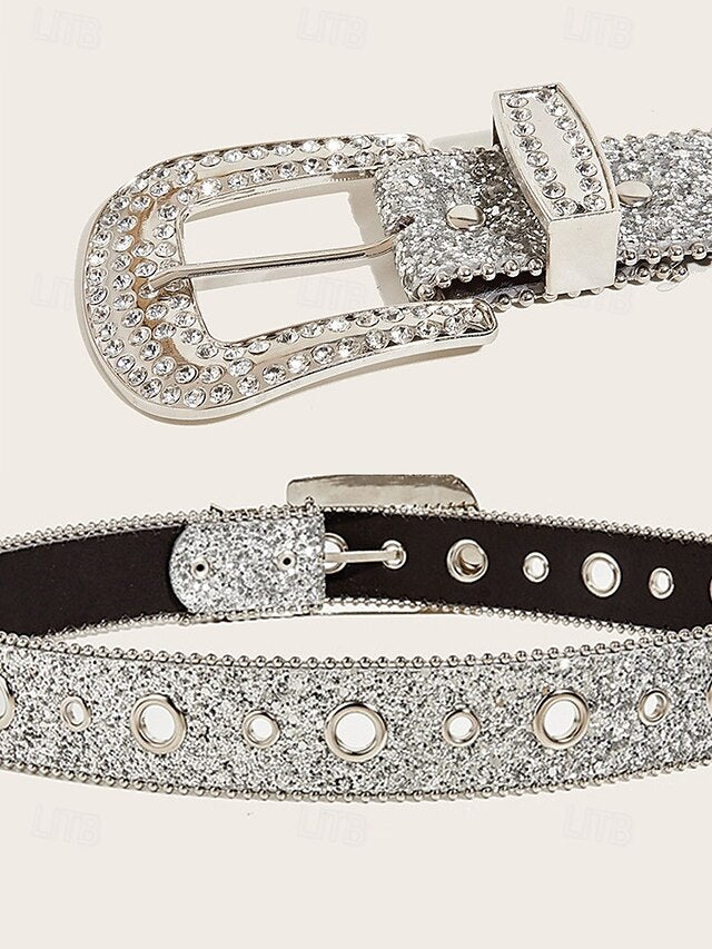 Women's Rhinestone Embellished Western Belt with Sparkling Buckle, Adjustable Silver Black Gold (+$0.34) Silver-Black-Gold (+$0.34)-Pink (+$0.34)-Blue (+$0.34)-