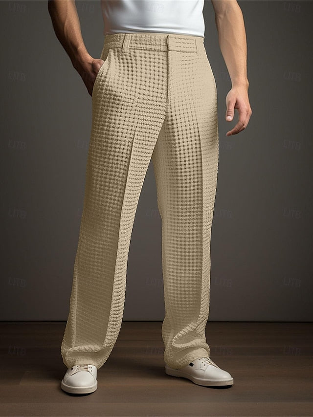 Chic White Men's Dress Pants - Straight Leg Waffle Trousers
