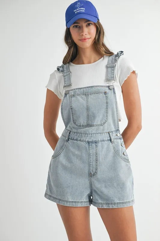 MABLE Square Neck Ruffle Shoulder Denim Overall Romper Lt Denim / S Lt Denim / M Lt Denim / L Lt Denim / S-Lt Denim / M-Lt Denim / L-