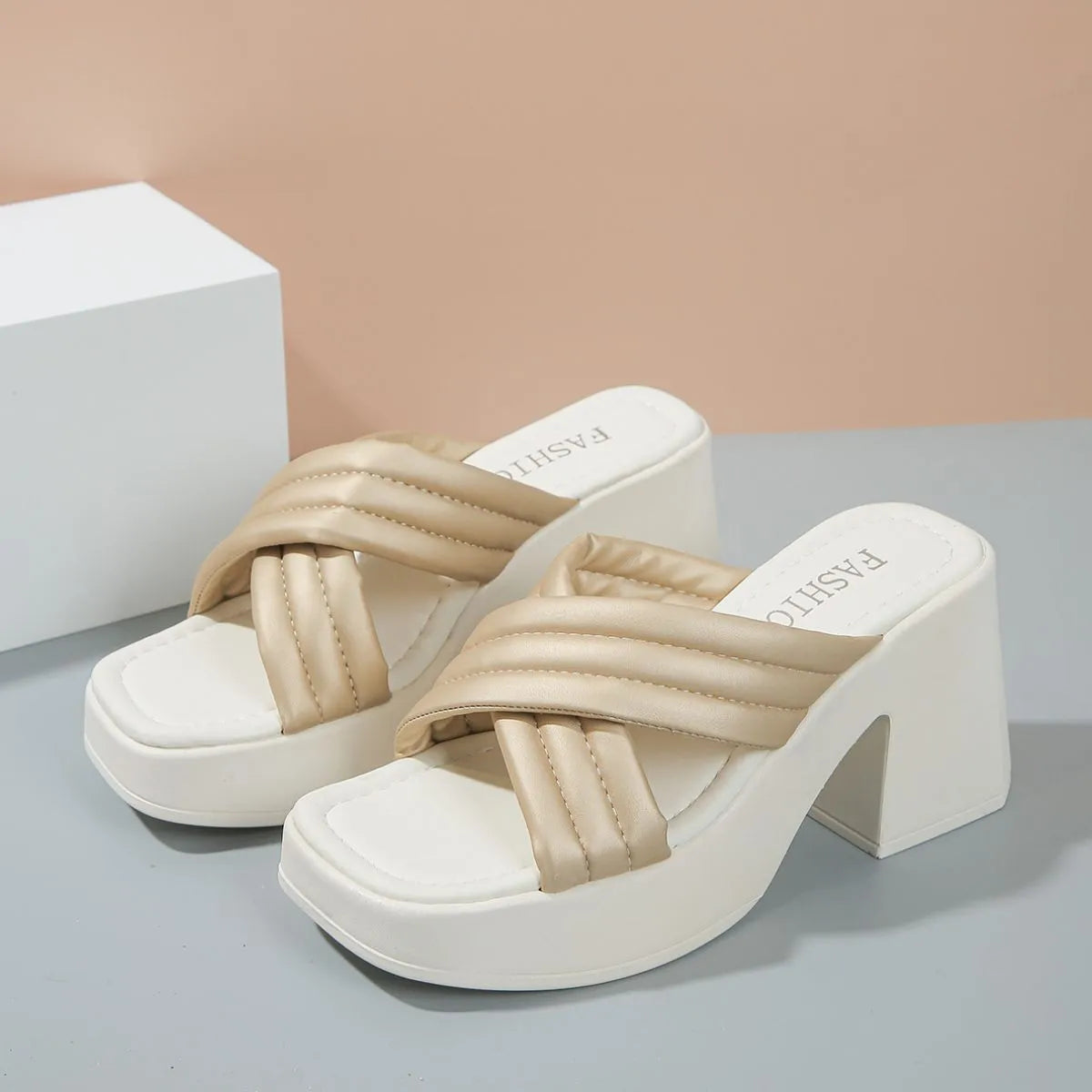 Open Toe Block Heels Sandals Gold