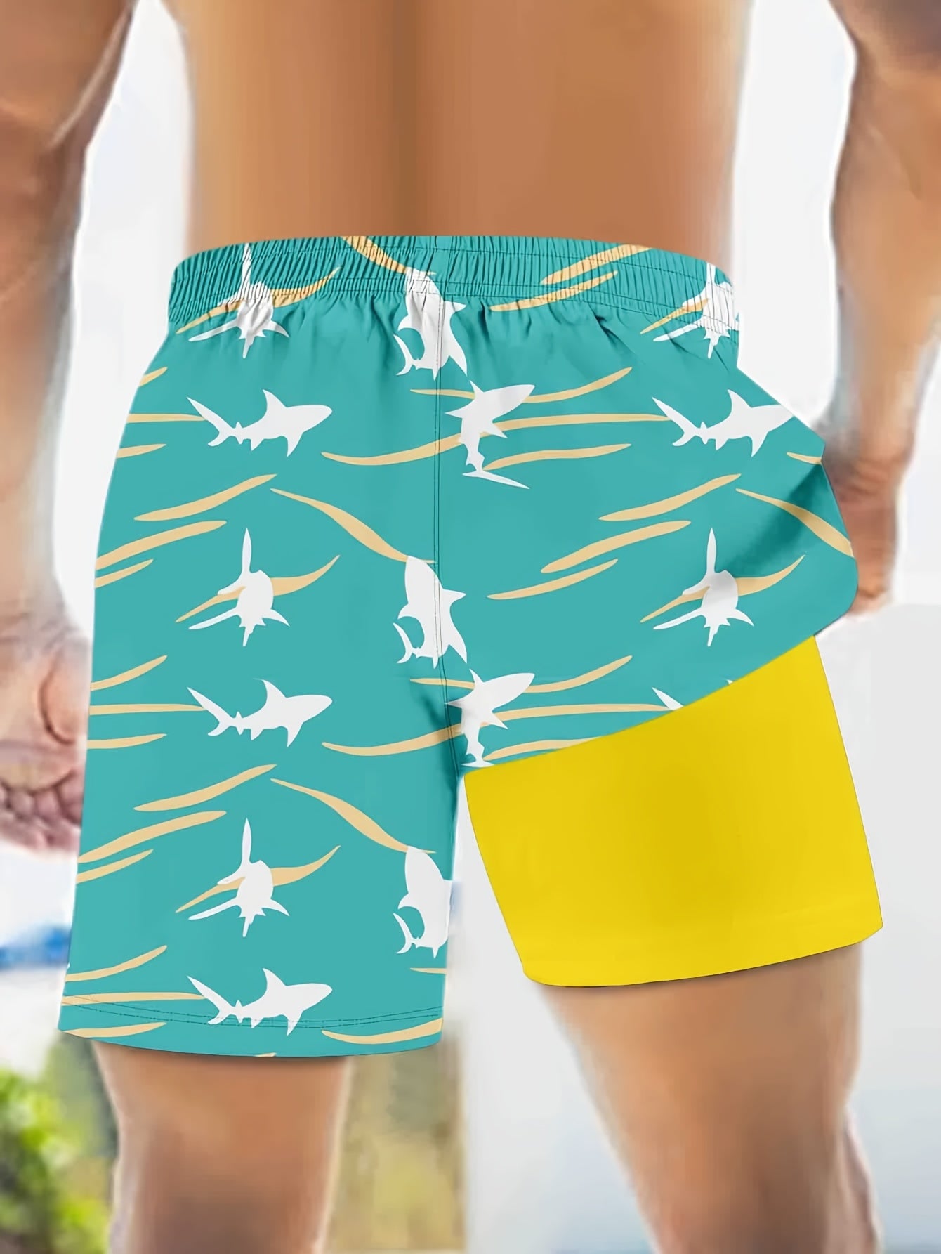 Men'S Summer Double-Layer Anti-Glare Beach Shorts, Casual Non-Stretch Fabric, Regular Fit with Flamingo Print