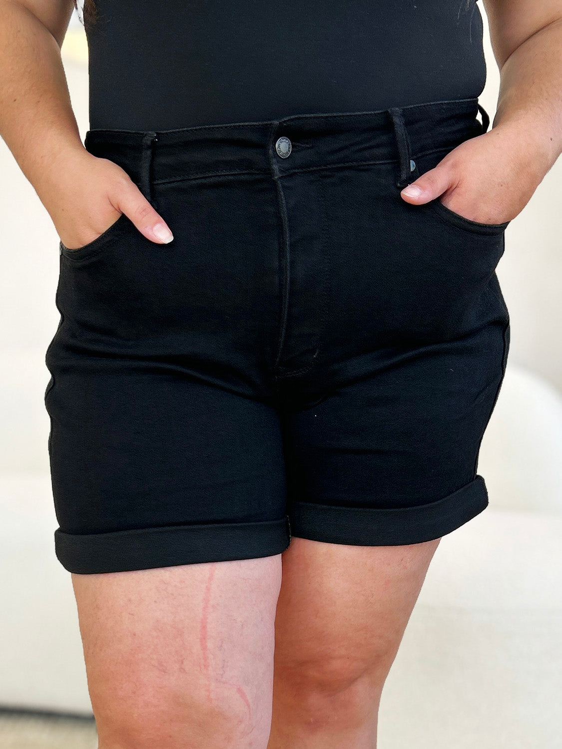 Judy Blue Full Size High Waist Tummy Control Cuffed Denim Shorts Black / S Black / M