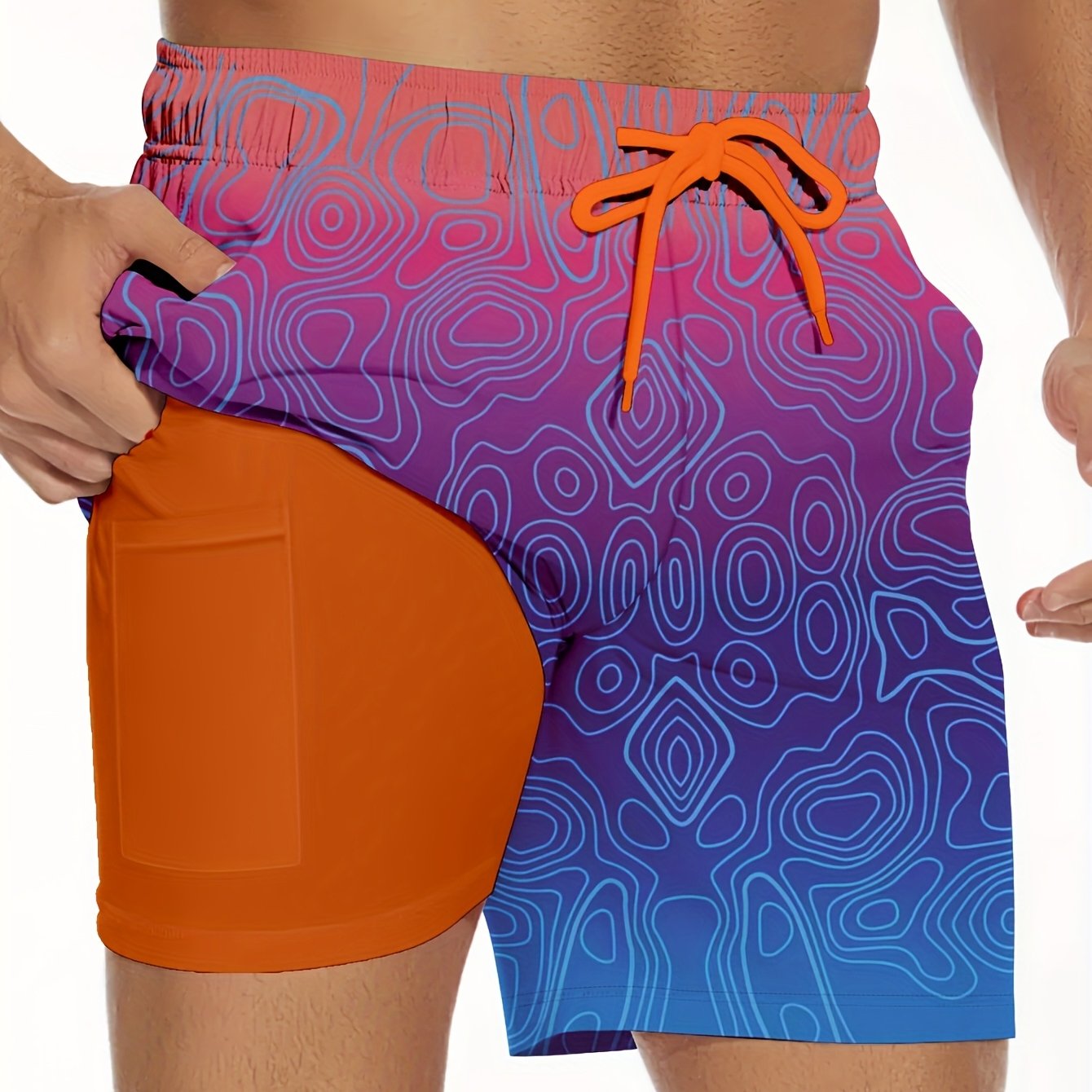Men'S Breathable Quick-dry Swim Trunks Sport Style With Elastic Vibrant Gradient Colors, Adjustable Drawstring Waistband, Dual Pockets