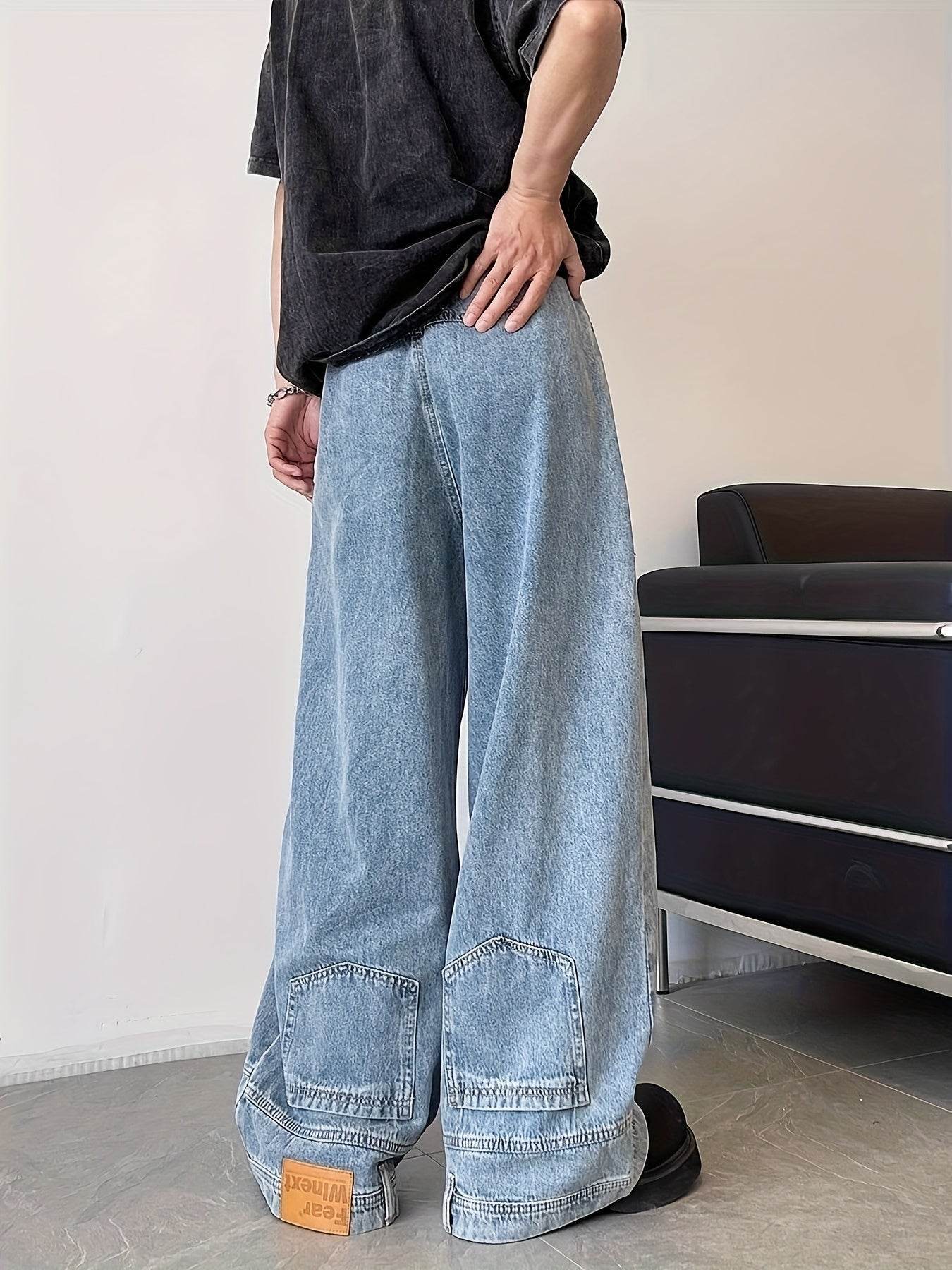 (Button Hole Not Opened) Reverse Pocket Design, High Street Jeans, Men'S And Women'S Versatile, Washed Wide Leg Retro Pants - Fashionqueene.com