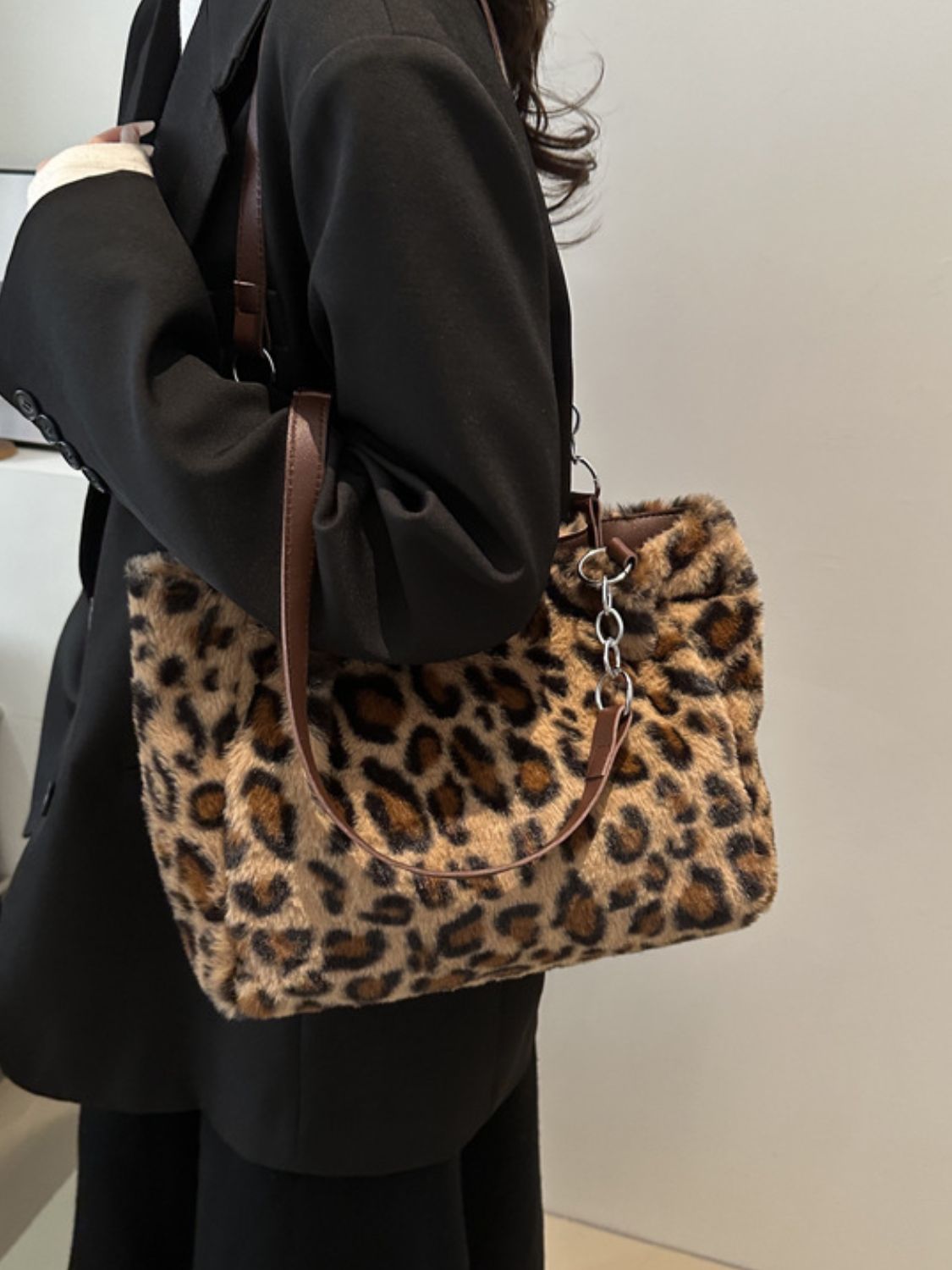 Faux Fur Leopard Shoulder Bag Brown / One Size Beige / One Size