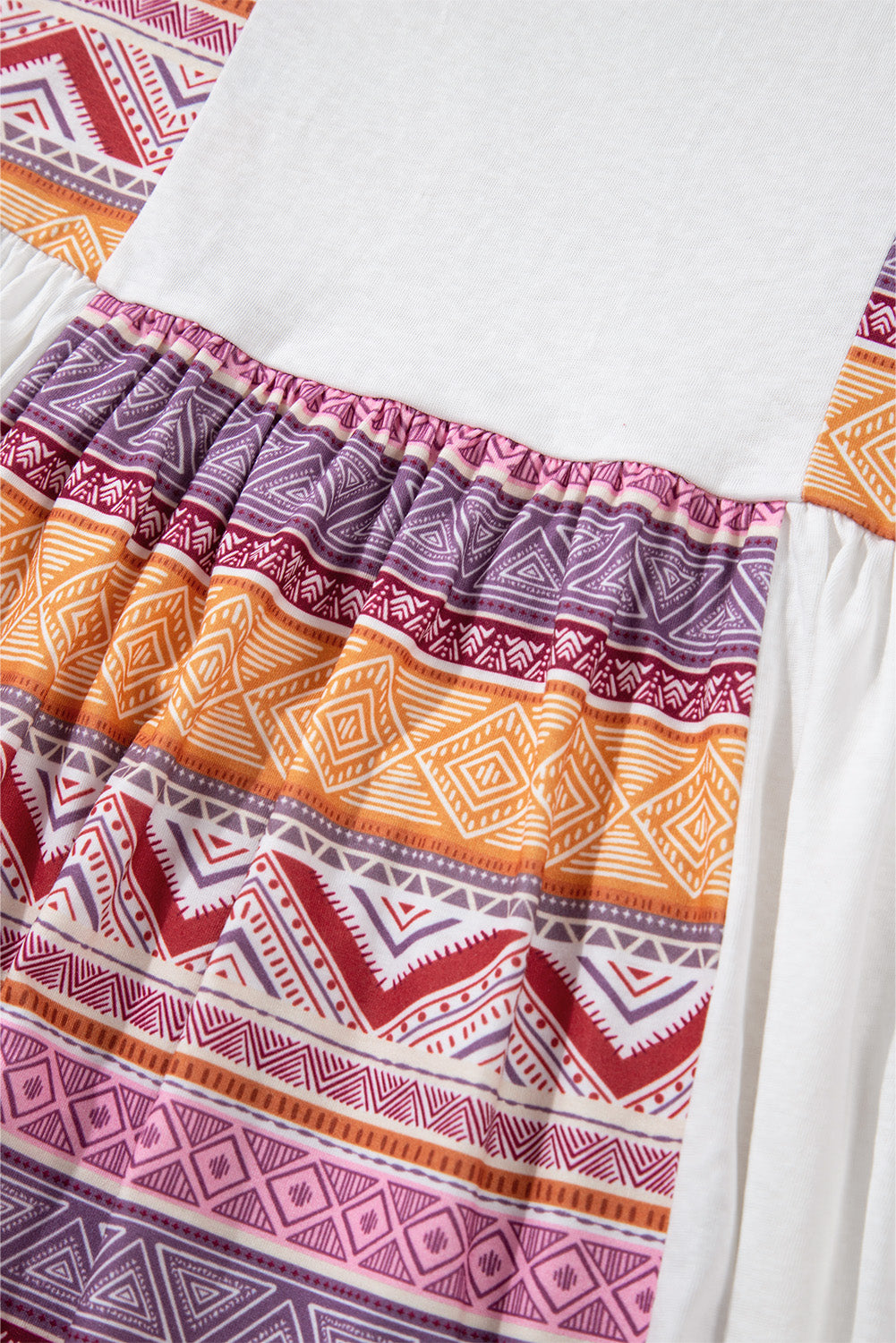 White Western Aztec Print Patchwork Ruffled Tunic Long Sleeve Babydoll Top White / S / 65%Cotton+35%Polyester White / M / 65%Cotton+35%Polyester
