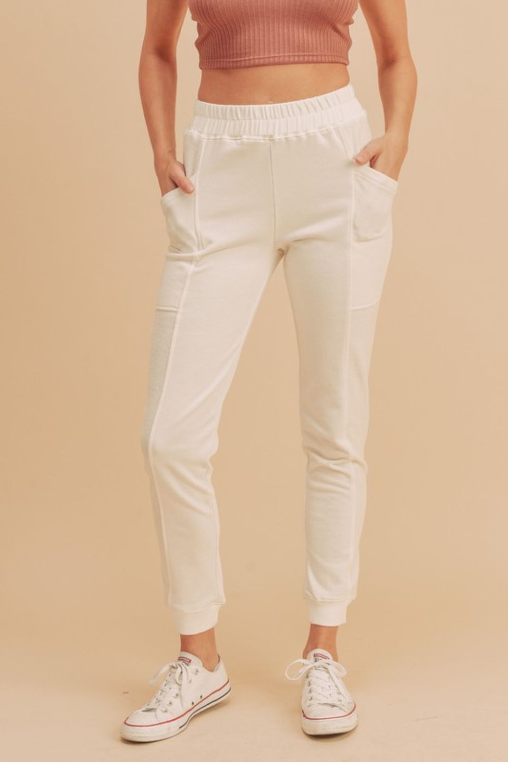 Aemi + Co Elastic Waist Joggers with Pockets White / S White / M White / L White / S-White / M-White / L-