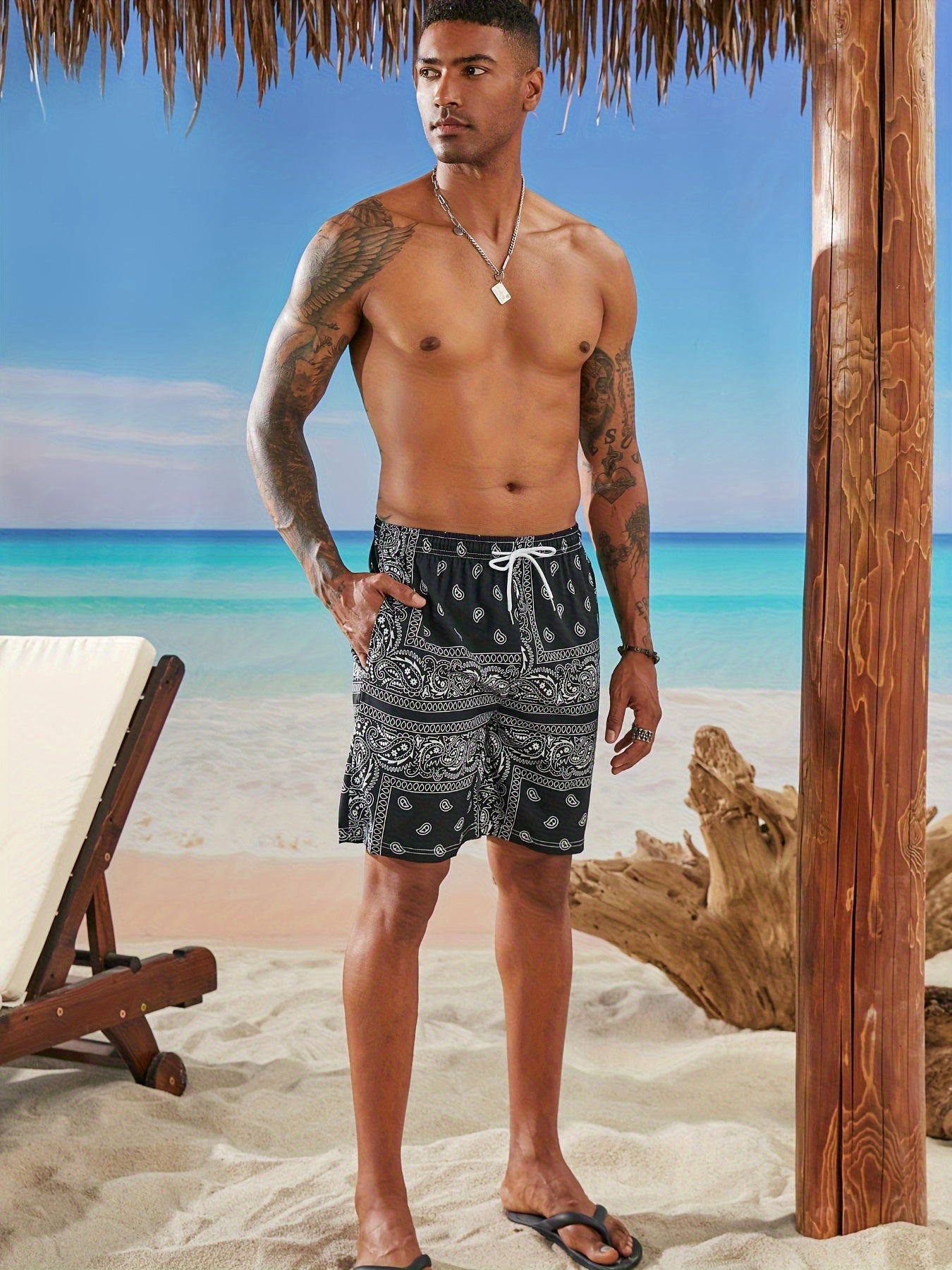 Men's Quick-Dry Hawaiian Swim Trunks with Adjustable Elastic Waist & Anti-Slip Pockets - Lightweight Beach Shorts, 95% Polyester 5% Spandex, Shark Print Design for Surfing, Swimming & Summer Activities, Surfing Essentials, Pl