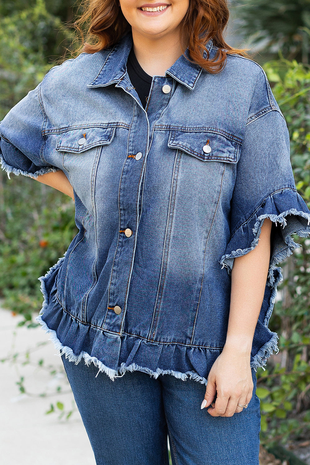Peacock Blue Ruffled Frayed Short Sleeve Plus Size Denim Jacket Peacock Blue / 1X Peacock Blue / 2X
