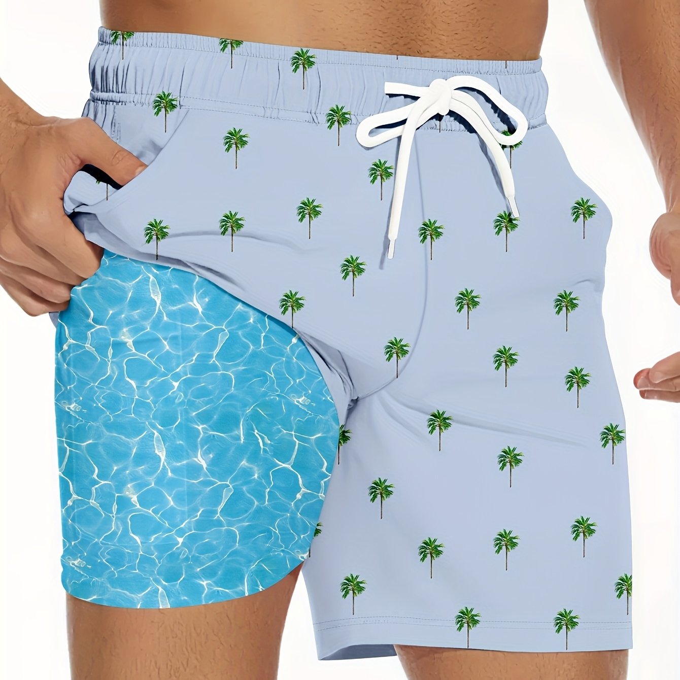 Men's Quick-Dry Swim Trunks with Pockets - 2-in-1 Design, Coconut Tree & Camo Print, Drawstring Waist