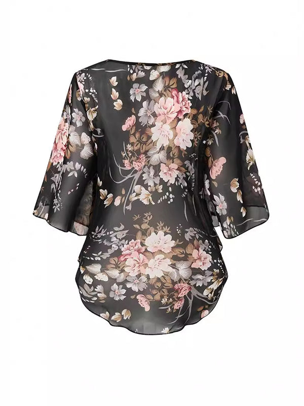 Chic Floral Print Sheer Blouse with Batwing Sleeves – Elegant Round Neck Top for Effortless Style BLACK / S BLACK / M BLACK / L BLACK / S-BLACK / M-BLACK / L-BLACK / XL-