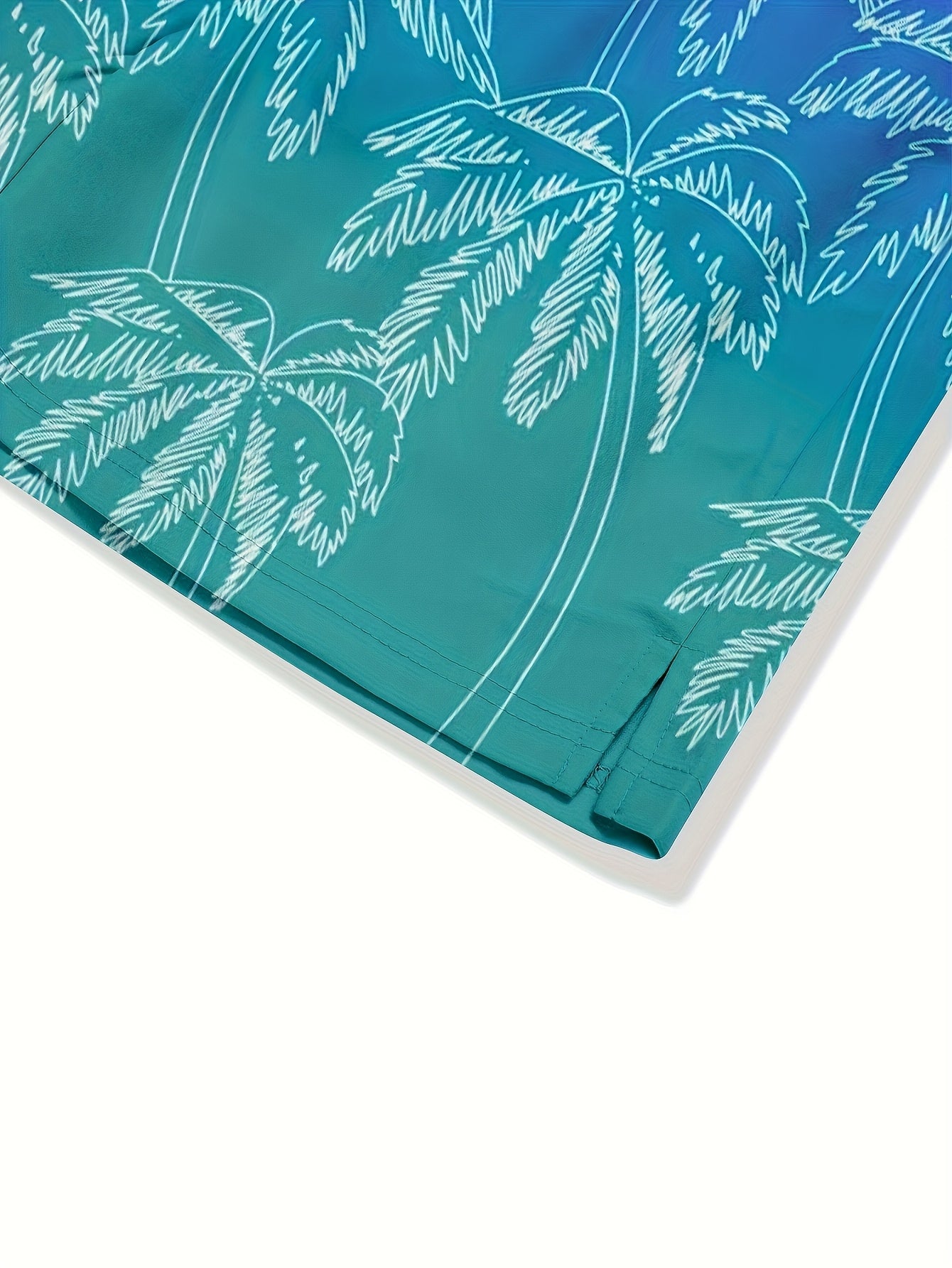 Lightweight Quick-Dry Men's Swim Trunks | Tropical Coconut Tree Ombre Design, Compression Liner, Drawstring Waist, Side Pockets, Vibrant Blue to Purple